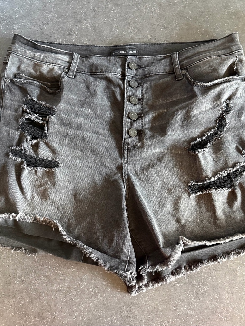 Sincerely Jules Charcoal Distressed Button-Front Denim Shorts